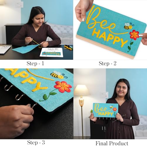 Image of picknMAKE Diy Embroidery Keychain Holder Kit - Stitch Bee Happy Design On Stiff Fabric,Assemble On Mdf Panel,Create A Personalized Wall-Mounted Key Organizer With Hooks,Hinges & Complete Tools,Blue