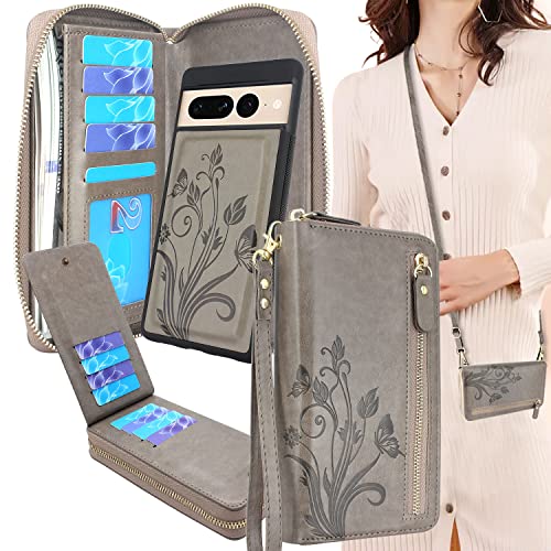Lacass Compatible With Google Pixel 7 Pro 5G (2022) Case Crossbody Dual Zipper Detachable Magnetic Leather Wallet Phone Case Cover (Floral Gray) #TOP10