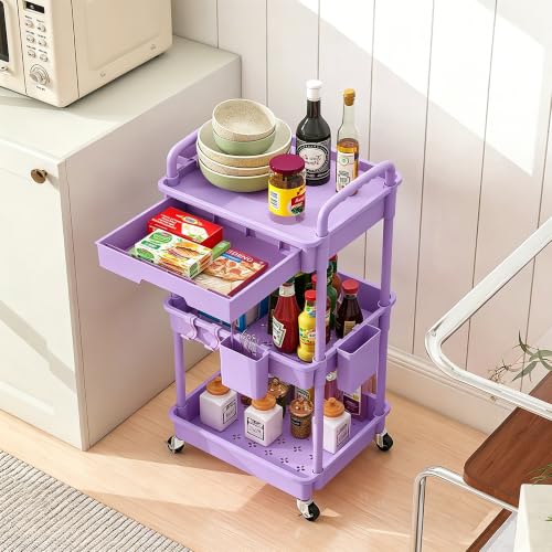 Image of REBECAT 3 Tier Rolling Cart with Drawer, Utility Storage Cart on Wheels for Kitchen, Bathroom, Living Room,Office(Purple)