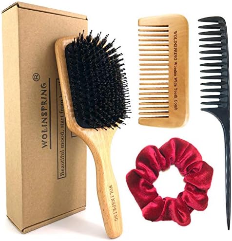 WOLINSPRING Hair Brush-Boar Bristle Hairbrush with Nylon Detangling Pins for Women Men Kids Thick Curly Thin Long Short Wet/Dry Hair, Wooden Paddle Hairbrush Enhance Health Shining Smoothing Massaging