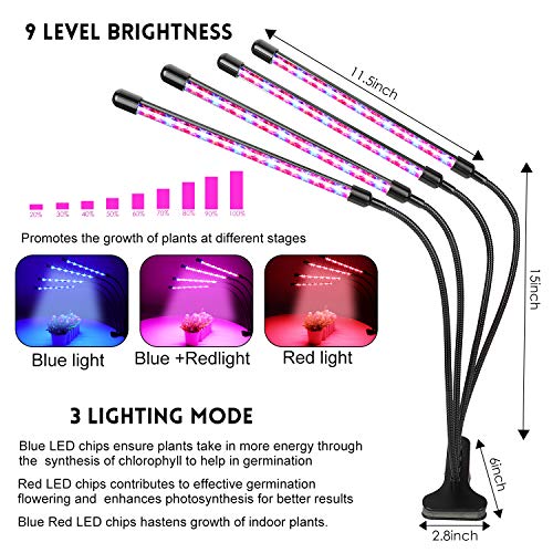 Grow Light for Indoor Plants LED Lamp Bulbs with Red Blue Full Spectrum with 3/9/12H Timer 9 Dimmable Lightness Clip-On Desk Led Plant Growing Lamps 4 Switch Modes with AC Adapter (4head) - Thumbnail 6