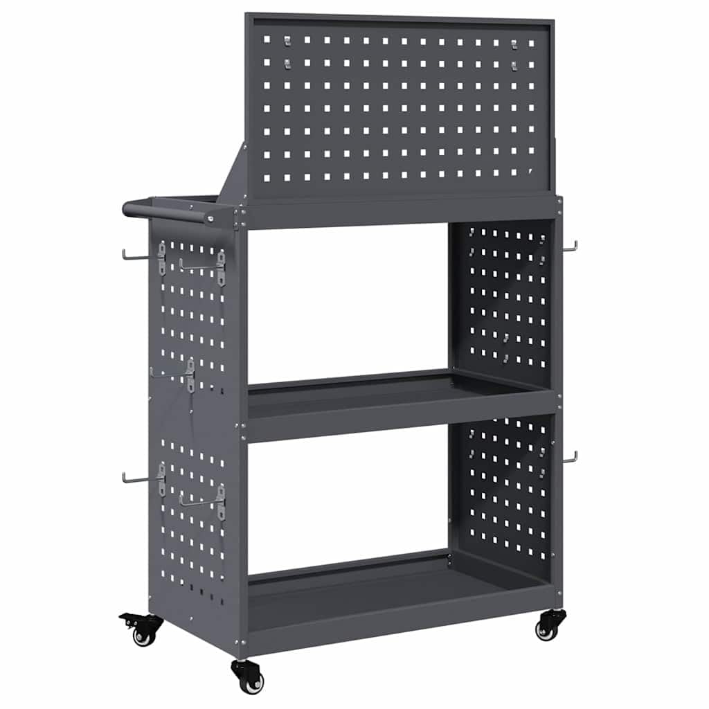 Carrello portautensili antracite in acciaio laminato a freddo, 65 x 35 x 111 cm, con 12 ganci, ruote e ripiani, per officina, garage, cantina, sistema di organizzazione e stoccaggio