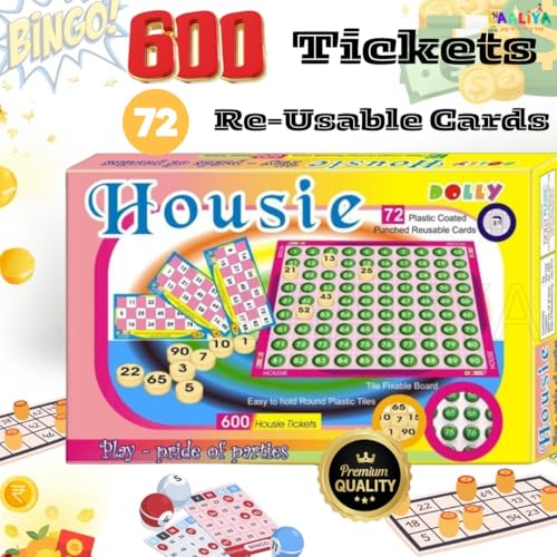 Image of Tambola Housie Game Set - 600 Tickets, 72 Reusable Plastic-Coated Cards, Number Tiles & Fixable Board - Fun Party & Family Game for Kids & Adults