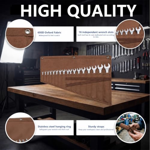 Image of Wrench Roll Up Pouch,16-Pocket Heavy Duty Roll Up Tool Bag,Sturdy Waterproof Oxford Fabric with 3 Rings for Wrenches,Screwdrivers,Hand Tools Storage,Portable Wrench Organizer for Mechanics(Brown)