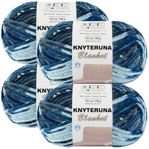 Image of #6 Super Bulky Blanket Yarn for Crocheting - 4 Skeins(Each 10.5oz /300g, 220yds /201m), Chunky Chenille Thick Plush Big Soft Yarn for Crocheting Knitting Blankets, Navy & Multi Blue