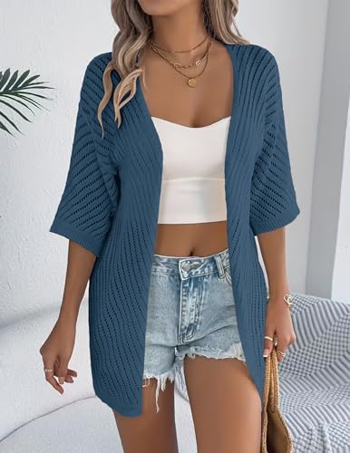 Image of Zeagoo Lightweight Summer Cardigan for Women Short Sleeve V Neck Crochet Kimonos Loose Open Front Hollow Out Cover Ups