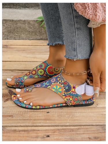 Women's Boho Tribal Print Flip Flops Open Toe Ankle Strap Beach Vacation Flat Sandals2
