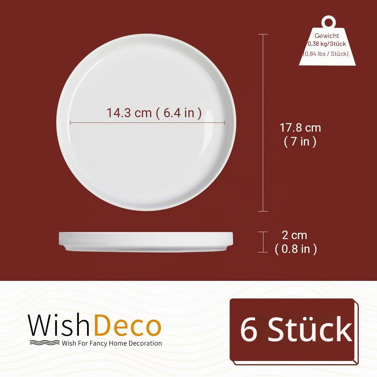 WishDeco Kleine Speiseteller, 6er-Set, weiße Porzellan-Dessertteller, Vorspeisen-Salatteller für Nudeln, Snack, Kuchenbrot, spülmaschinenfest, stapelbar, Geschenk für Weihnachten