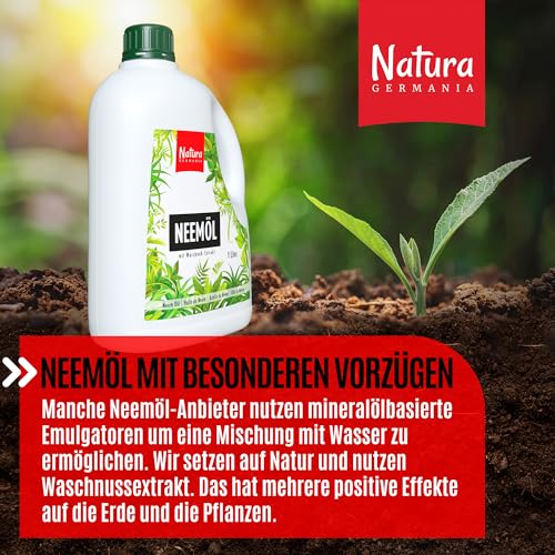 Natura Germania® Neemöl 1000ml mit Waschnußextrakt mit Sprühflasche und Messbecher - Ergibt 100 LITER sprühfertige Lösung - Neem Spray zur natürlichen Pflanzenpflege für Zimmerpflanzen/Gartenpflanzen