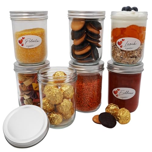 megusta!® Set di 6 barattoli per conserve | 480 ml | coperchio color argento | per marmellata, miele, sottaceti, lenticchie, riso, caffè, dolci, regali