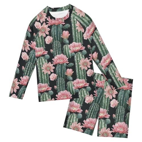 Cactus Flower Boys Rash Guard Swimsuits Set for Boys Long Sleeve Swim Shirts Bathing Suits with Trunks B0403980