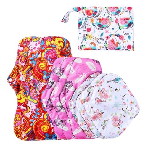 Asenappy Soft Adjustable Snaps Reusable Menstrual Pads - Reusable Sanitary Pads | Reusable Panty Liners | -9 pcs Three Size Cloth Sanitary Pad with 1 Bag (3331红色羽毛)
