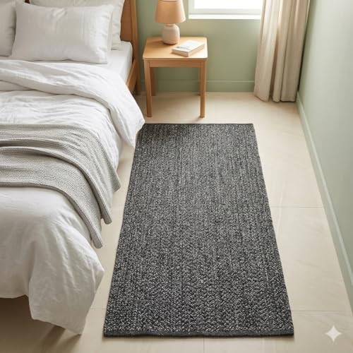 Image of Handmade Cotton Braided 1.5x3 feet Runner Rug - Washable, Low Pile Reversible Floor Mat for Bedroom, Kitchen, Entryway & Living Room - Eco-Friendly Woven Carpet - (Charcoal, Rect)