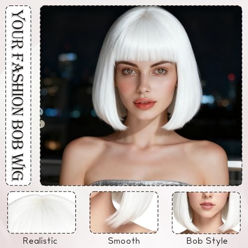 Image of PLULON White Short Bob Wig with Bangs for Women, Colorful Neon Short Bob Synthetic Hair Wigs with Hair Cap Heart Sunglasses for Adults Men Daily Bachelorette Halloween Costume Party Supplies