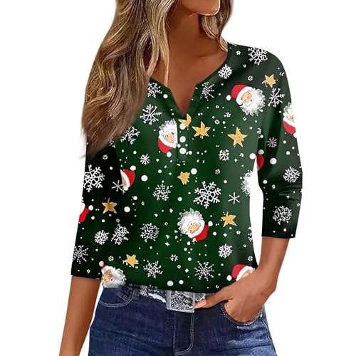 Weihnachts Damen Shirt T-Shirt mit Weihnachtlichem Elch Christmas Weihnachtspullover Pärchen Weihnachts-Shirt Freundin Weihnachten Langarm Grün M