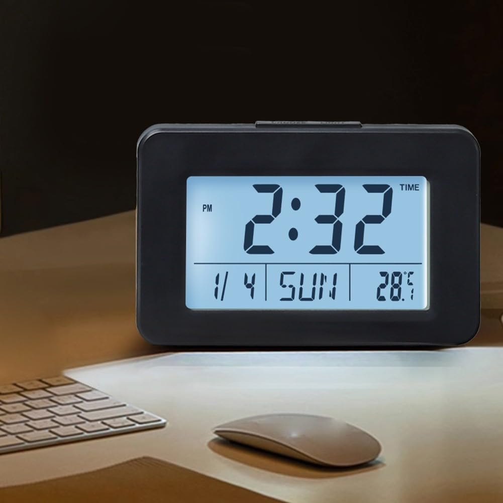 Reloj despertador digital con pantalla LCD para calendario perpetuo, monitor de temperatura y humedad, 9 tonos musicales, formato 12/24h, retroiluminación para dormitorio, escritorio, oficina