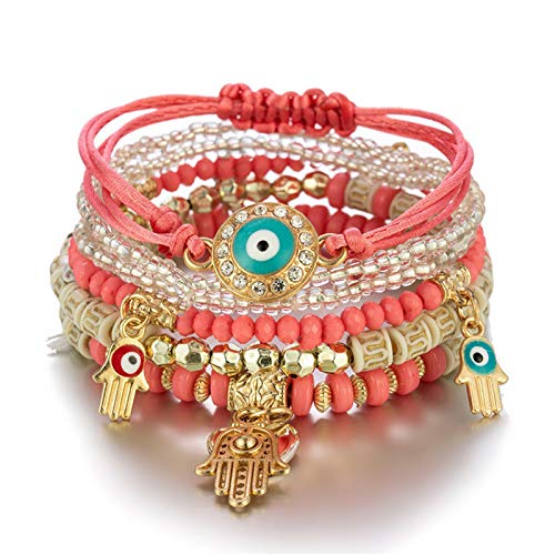 4 PCS Set Evil Eye Bohemian Wood Beaded Crystal Rope Pendant Bracelet Multilayer Stretch for Women Girl Lucky Turkish Fatima Hands Jewelry Charm-Red