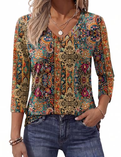 Image of Zeagoo Womens Blouse Casual 3 /4 Length Sleeve V Neck Basic T-Shirts | Three Quarter Tops,Tunics to Wear with Leggings, Lightweight Summer Clothes, Business Work Blouses, Trendy Fall Outfits