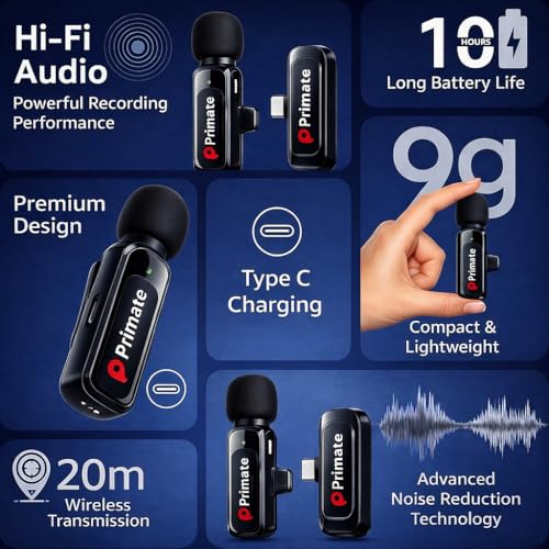 Image of Primate Wireless Lavalier Microphone with Type-C, ClipOn Mic for Android, iPhone, Tablets Noise Reduction, Real-Time Sync, Ideal for Vlogging, YouTube, Interviews, Live Streaming (SE81 2 mic)