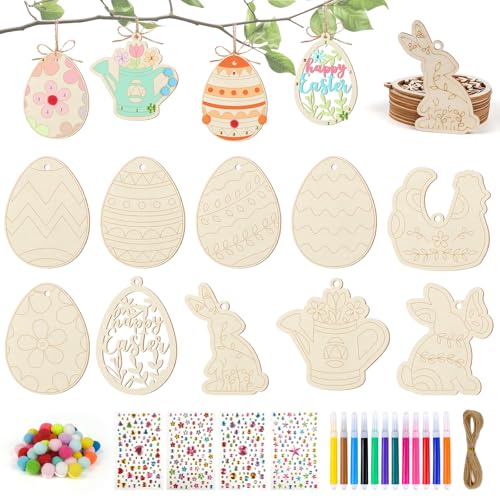 ARTREE Lot de 30 pendentifs en bois à peindre pour enfants - Décoration de Pâques et de...