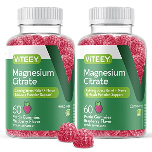 Magnesium Citrate Gummies for Adults & Teens - 66mg, Supports Calm Mood, Optimal Relaxation, Muscle Function - Vegetarian, Gelatin Free, GMO Free - Tasty Chewable Raspberry Flavored Gummy