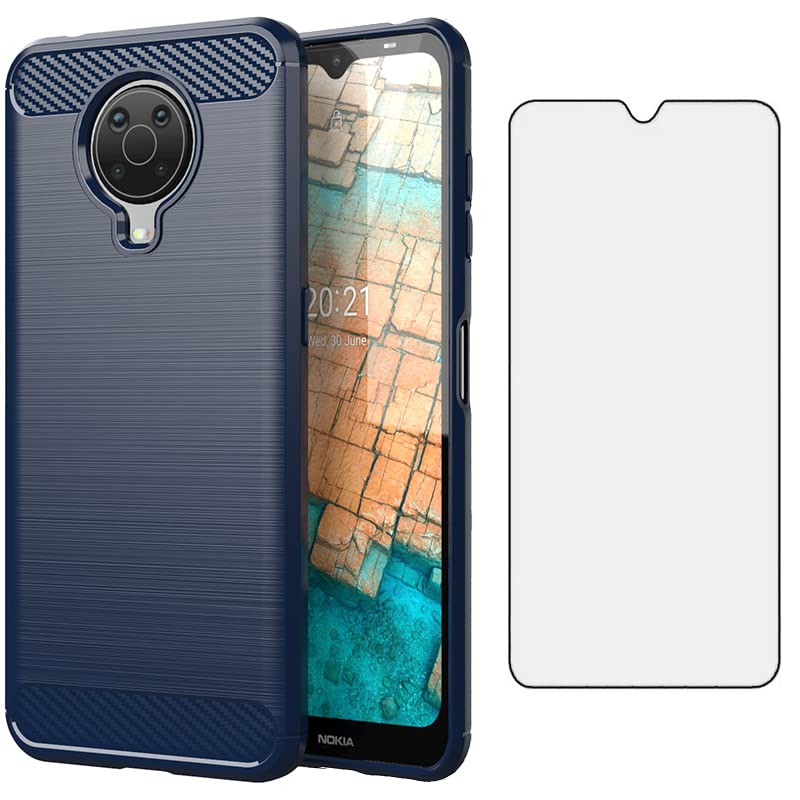 Asuwish Phone Case for Nokia G10/G20/6.3 with Tempered Glass Screen Protector Cover and Cell Accessories Slim Soft TPU Silicone NokiaG10 NokiaG20 Android 11 TA-1334 Women Men Carbon Fiber Navy Blue