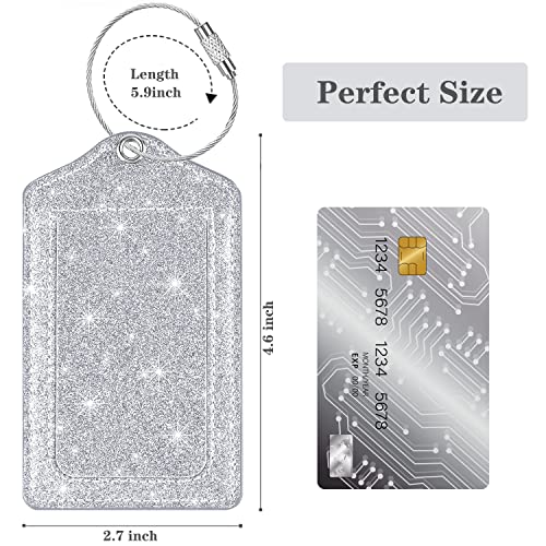 (Set of 2) Luggage Tag Leather Privacy Cover ID Label Address Card with Stainless Steel Loop, Travel Bag Tags Suitcase Labels, Glitter Silver2