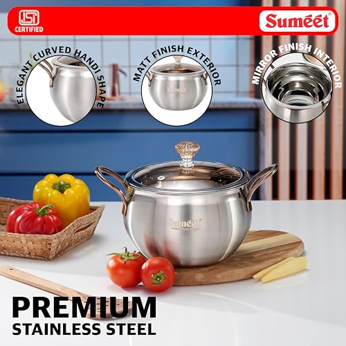 Image of Smeet ISI Certified Stainless Steel Cook & Serve Biryani Pot /Handi /Sauce Pot with Glass Lid |Induction and Gas Compatible | Capacity - 2200ml -Dia - 17cm, Silver