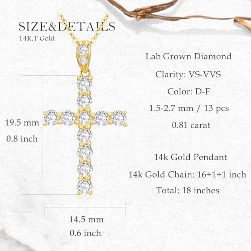 SISGEM 14k Gold 4/5 ct Lab Grown Diamond Cross Necklace for Women, 14kt Religious Jewelry Gifts for Her, 16-18 Inches2