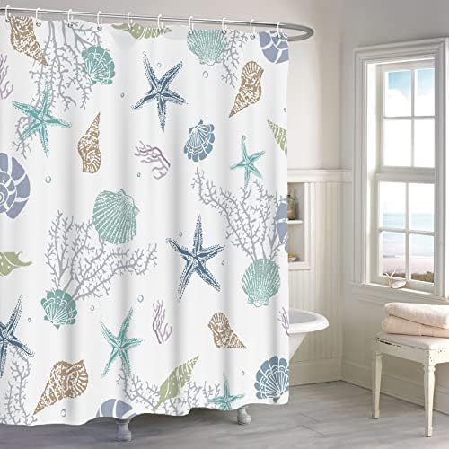 Ttincceer Nautical Coastal Shower Curtain, Coral Conch Starfish Seashell Bathroom Curtain, Ocean Theme Underwater Marine Shower Curtain Set with 12 Hooks for Bathroom 72" Wx72 L