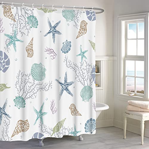 Ttincceer Nautical Coastal Shower Curtain, Coral Conch Starfish Seashell Bathroom Curtain, Ocean Theme Underwater Marine Shower Curtain Set With 12 Hooks For Bathroom 72" Wx72 L #TOP2