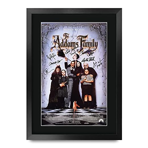 HWC Trading Póster de la película de la familia de Addams de Christina Ricci, Christopher Lloyd, regalo impreso, póster firmado con autógrafo para fanáticos de la película Memorabilia, A3 enmarcado