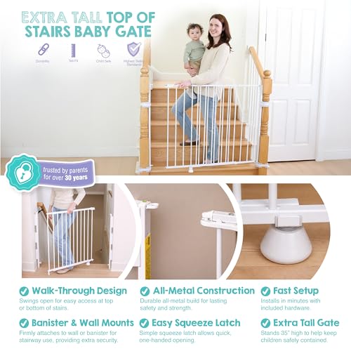 Image of Regalo Safety 35 inch Extra Tall Baby Gate for Top of Stairs & Dooways | Fits Openings 34 inch-55 inch Wide, Hardware Mounted, For Babies, Toddlers & Pets, White, Tested & Trusted for 30 Years