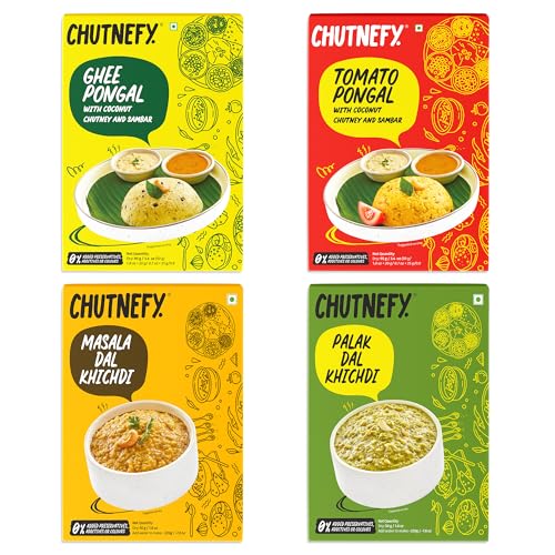 Image of Chutnefy Soulful India Hearty Mains Box | Pack of 4*50gms (Dry) | Add Boiling Hot Water to make 170ml | 1-2 Servings Each | Authentic Indian Comfort Meals | Instant Ghee Pongal, Tomato Pongal, Palak Dal Khichdi, Masala Dal Khichdi | 100% Natural, No Preservatives