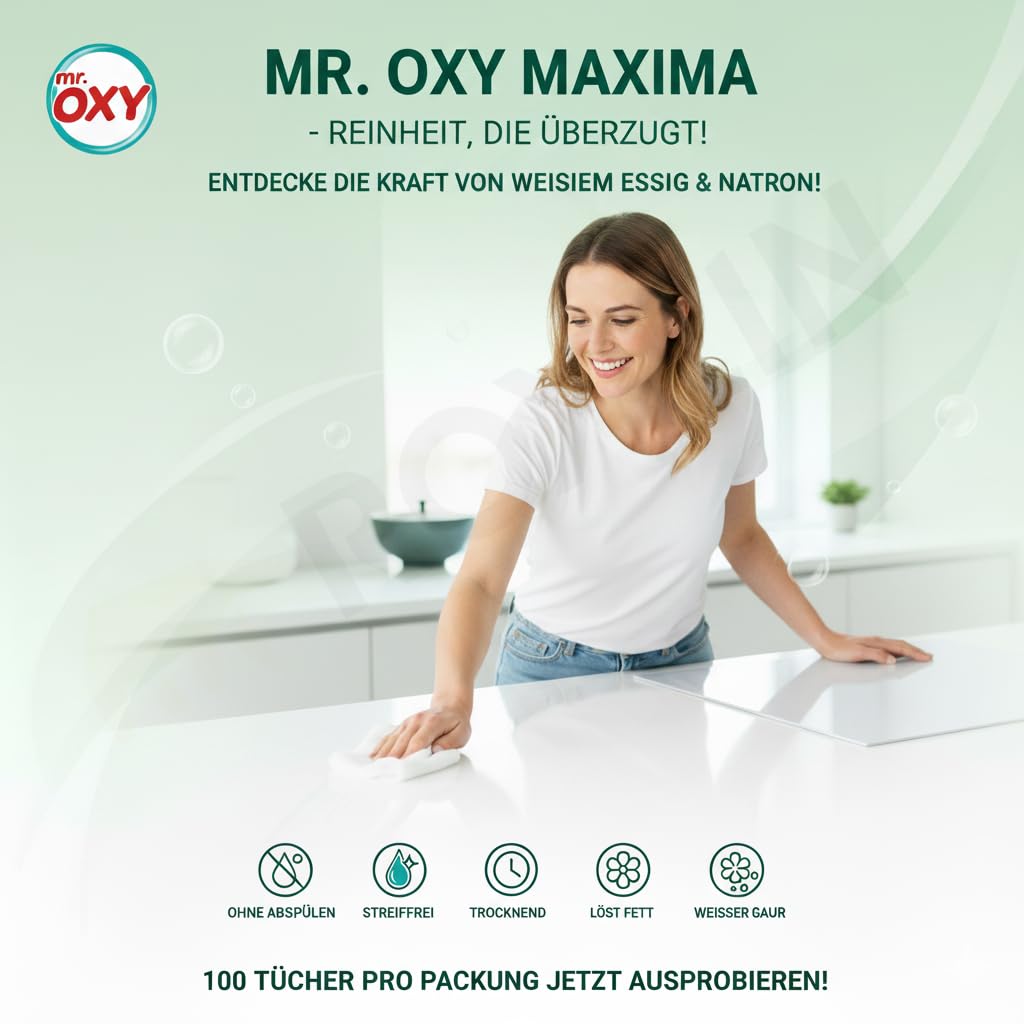 Mr. OXY Maxima Allzweck-Reinigungstücher Streifenfrei, Fettlösend, Schnell Trocknend, Duft nach Weißer Seife – Mit Weißem Essig & Natron – Ohne Nachspülen, Einfache Reinigung (Pack of 6)