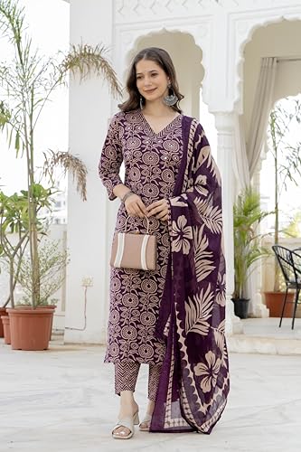 Image of Rangnavi Women's Pure Cotton Printed Straight Kurta with Pants and Dupatta Set | Ethnic Set | Suit Set | Kurta Set
