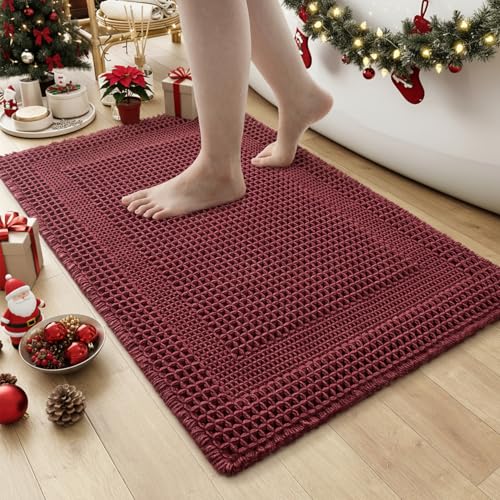 AMOAMI Waffle Bath-Mat, Absorbent Bath Mats for Bathroom Non Slip, Machine Washable Bathroom Rugs with Tassels Ultra Soft Boho Bath Rugs for Floor 17"x24" Red Red 17''x24''
