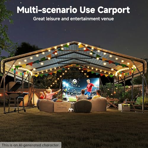 Image of Heavy Duty Metal Carport, 20 x 20FT Outdoor Carport with Galvanized Steel Frame and Roof, Multi-Use Car Shelter for 2 Cars, Pickup, Tractors, Gray