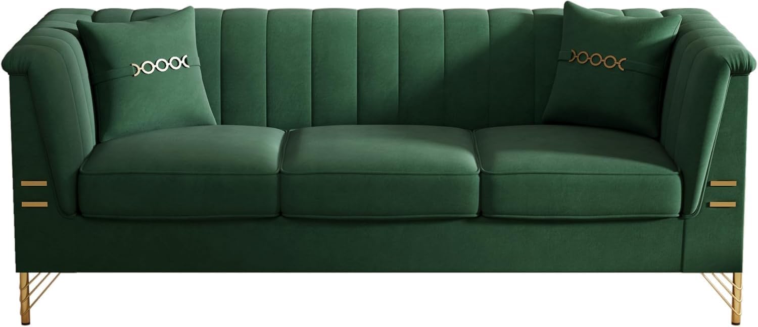Green Velvet Couch Sofa, 83" Mid-Century Modern Sofa Couch with Flared Arms and Removable Cushions, Modern Comfy Upholstered 3 Seater Couches Chesterfield Sofa for Living Room, Office, Green