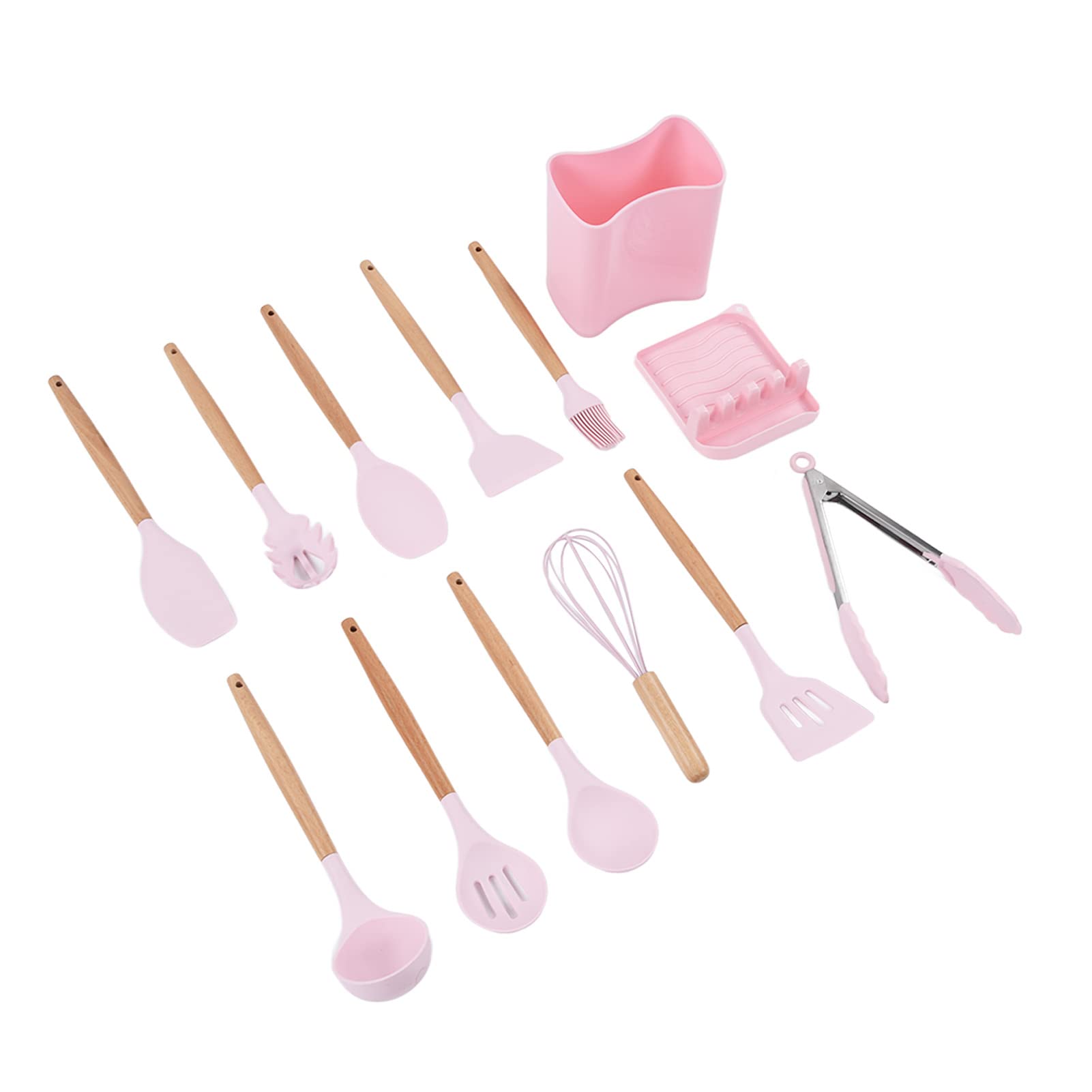13-teiliges Silikon-Kochutensilien-Set, antihaftbeschichtete Kochutensilien mit Holzgriff, lebensmittelechtes Silikon-Küchenwerkzeug-Set mit Aufbewahrungsregal und Eimer für