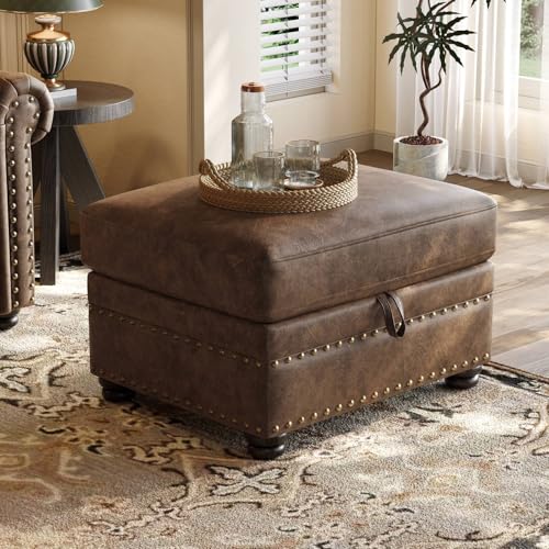 ONBRILL Faux Leather Ottoman with Storage, Rectangle Ottoman...