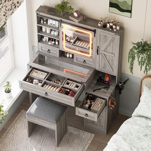 Image of JIVOIT Farmhouse Vanity Desk with Sliding Mirror, Vanity Set with Stool, Dressing Table with 4 Drawers and 2 Cabinets, Glass Top, Side Hooks & Cup Holder, Easy Assembly (Gray,37)