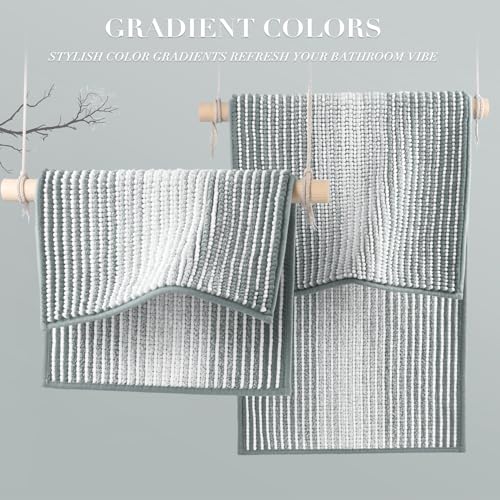 BSICPRO Bathroom Rugs and Mats Sets, 2 Piece Thick Absorbent Chenille Non Slip, Soft Shaggy Floor Mats, Machine Washable (Light Gray, 20" x 47" Plus 16" x 24")