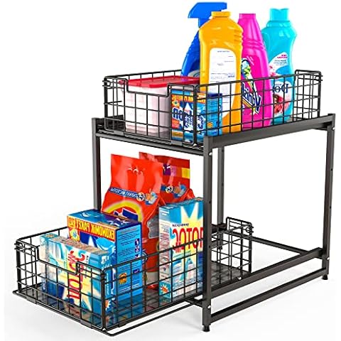 MaraFansie Under Kitchen Cabinet Sink Organizer and Storage with Sliding Drawer, 2 Tier Stackable Basket Rack for Kitchen & Bathroom, Black Cover