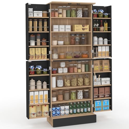 IDMarket - Buffet Haut Armoire de Cuisine H.160 cm Alto 4 Portes avec rangements façon hêtre et Noir
