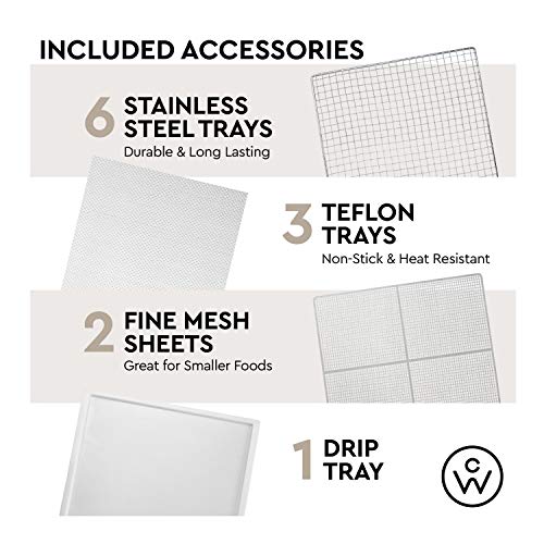 ChefWave 6 Tray Food Dehydrator Machine - Stainless Steel, Digital Temperature Control & Timer, 3 Teflon Sheets, 2 Mesh Sheets and Drip Tray - for Dried Fruit, Jerky, Herbs - Recipe Book Included