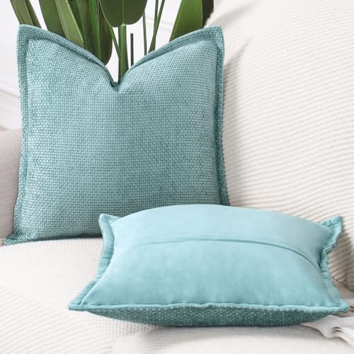 Image of MADIZZ Decorative Chenille Velvet Throw Pillow Covers Set of 2 Soft Boho Textured Neutral Couch Throw Pillow for Bed Modern Farmhouse Home Decor for Sofa Livingroom Turquoise 24x24 Inch Euro Sham