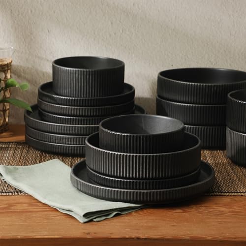 Image of Gibson Elite Deerfield 16-Piece Stoneware Dinnerware Set - Matte Black Reactive Glaze Plates and Bowls, Stackable, Modern Design, Service for 4 - Microwave & Dishwasher Safe