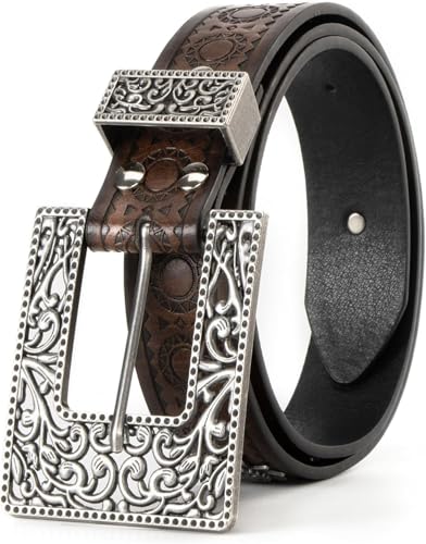 Women Vintage Western-Cowgirl-Leather Waist Belt with Big Floral Carved Buckle Adjustable for Jeans Pants Dresses