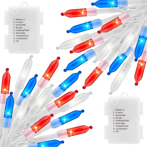 Image of Brightown Red White Blue Battery Operated Mini String Lights with 8 Modes- 2 Pack 18 Feet 50 LED Independence Day Decoration Waterproof, Timer for Patriotic Xmas Holiday Party Outdoor Indoor